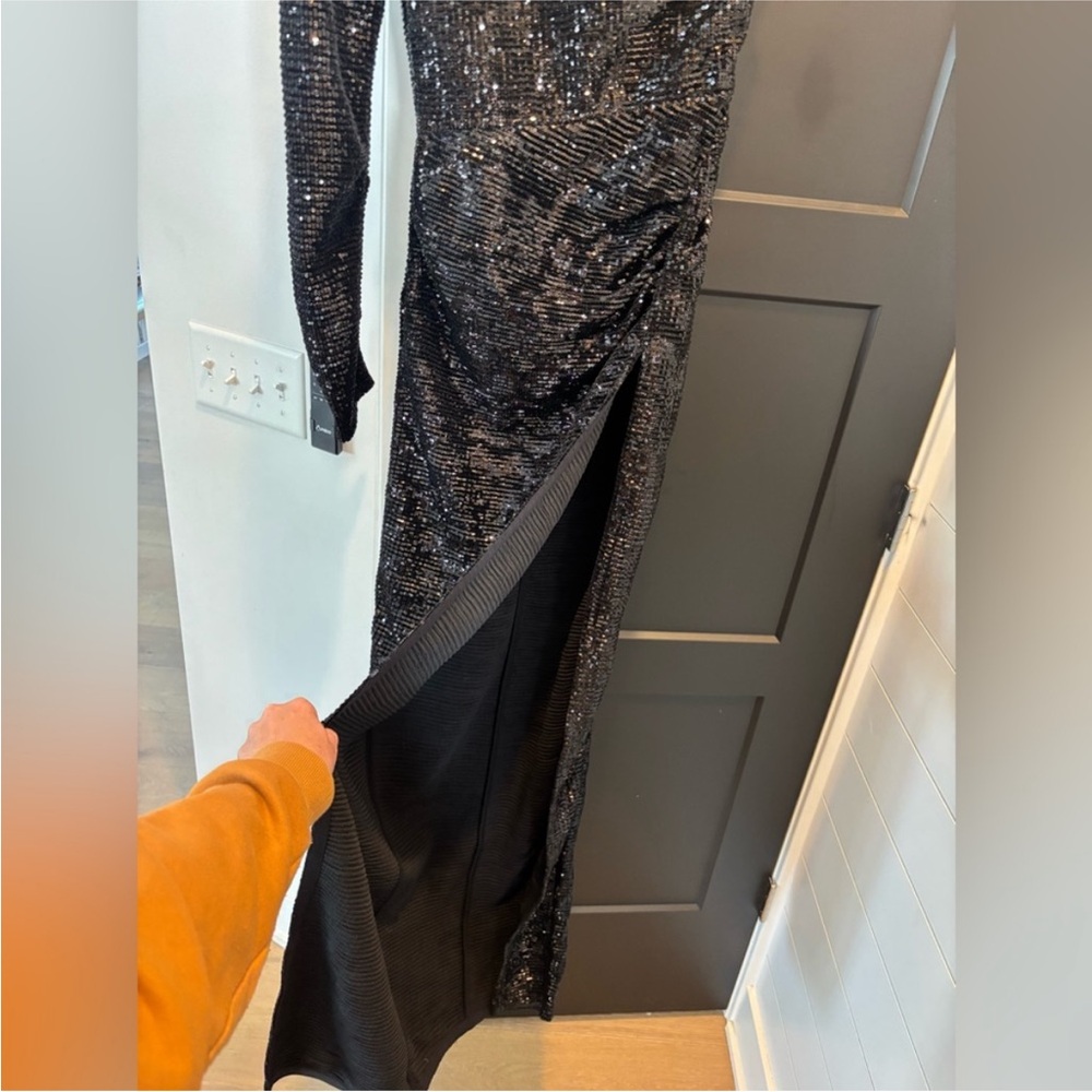Revolve Michael Costello Terri gown Sequin One Shoulder Side Slit dress black - Picture 6 of 10